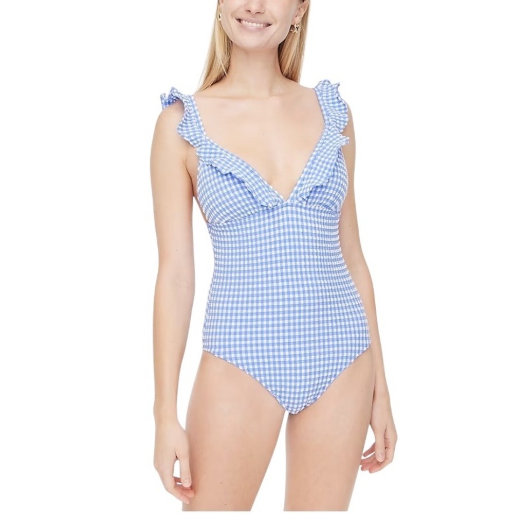 J Crew v-neck ruffle adjustable strap one piece swimsuit. Blue/white Gingham‎ XL